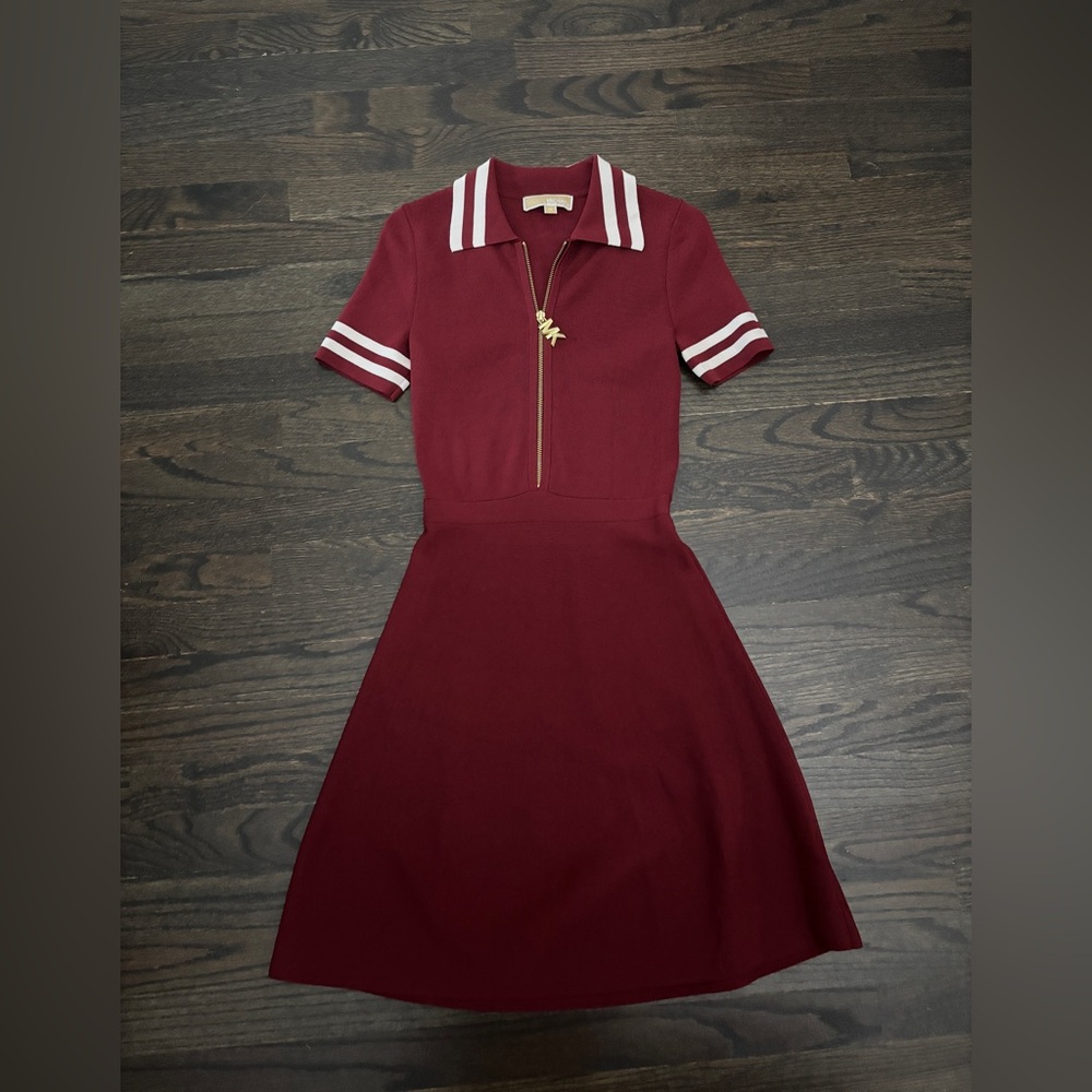 Michael Kors Burgundy Sweater Dress with Striped Collar